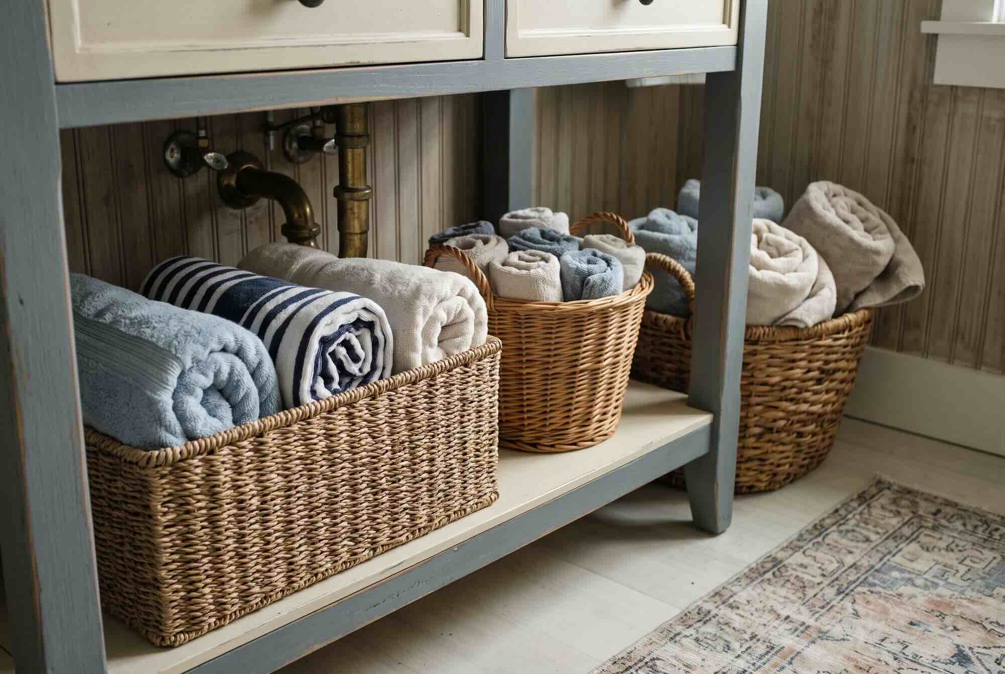 Woven baskets holding rolled towels on the lower shelf of a vanity.