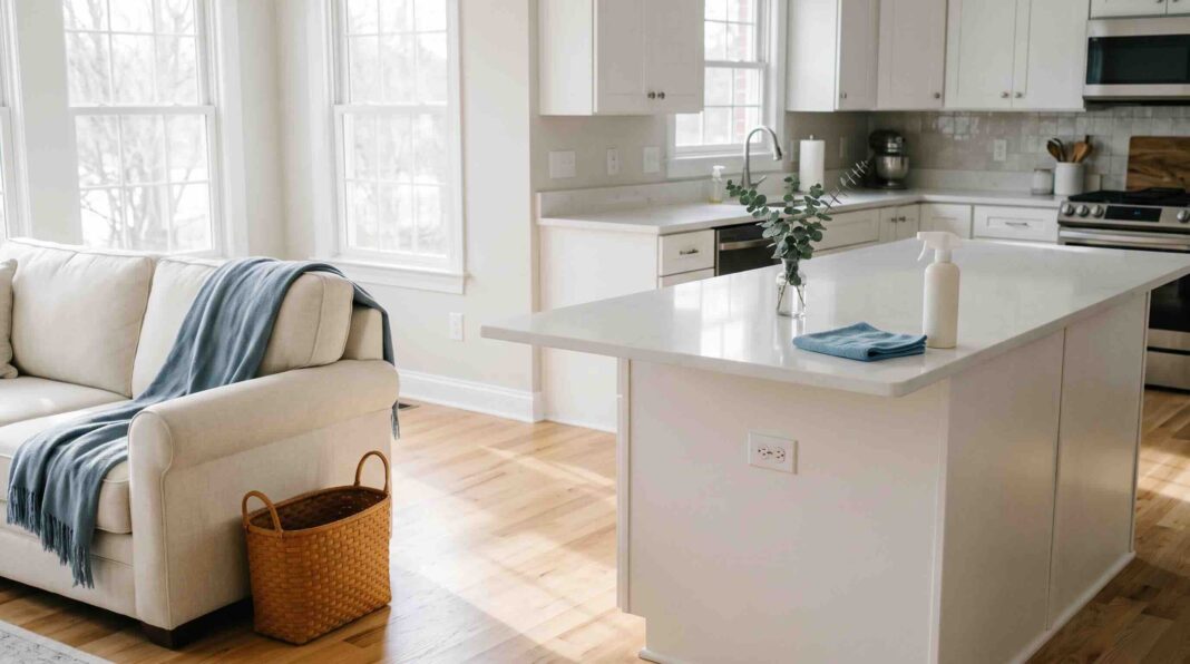 A bright, clean open-plan living room and kitchen featuring a white couch, a large kitchen island, and hardwood floors.
