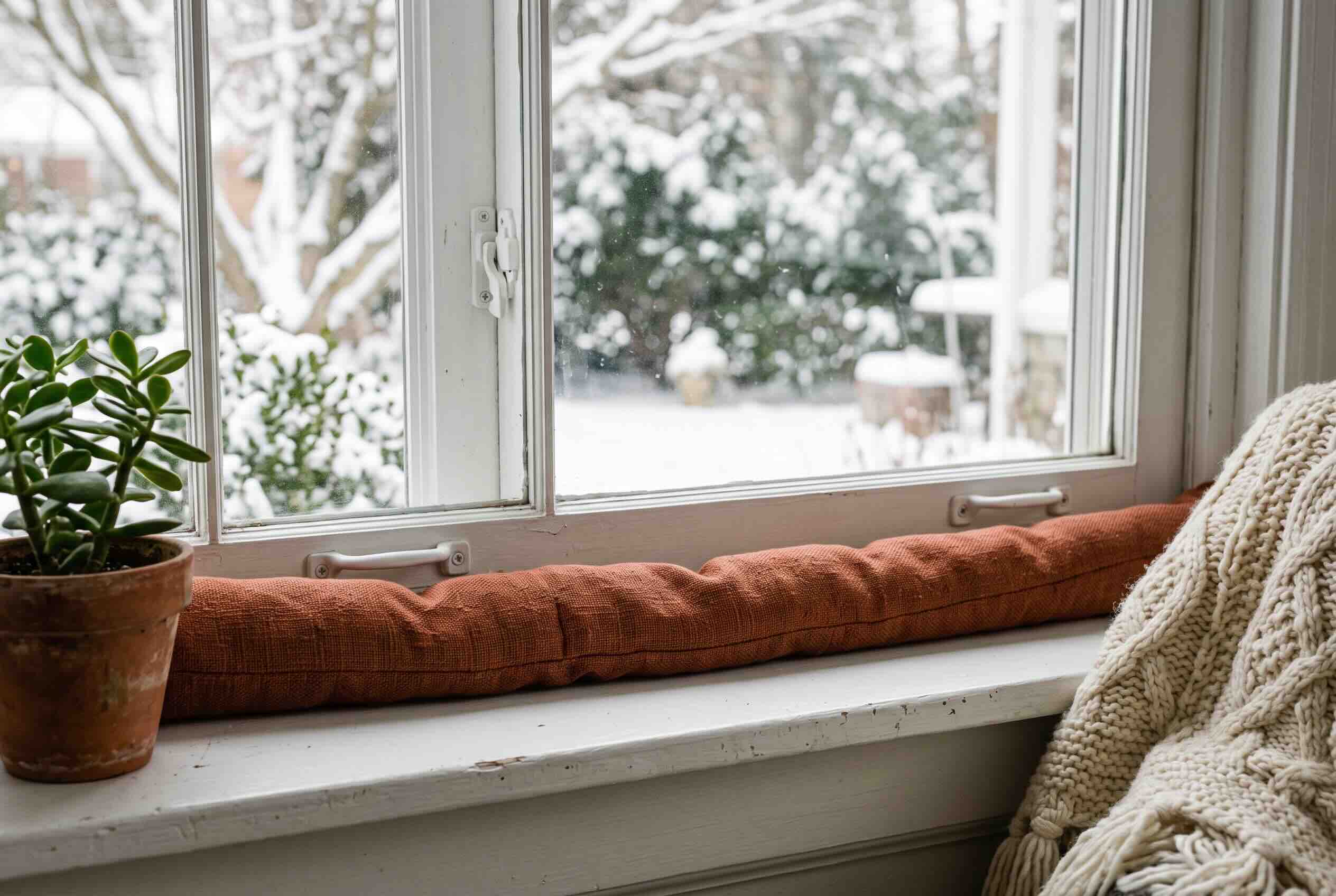 A brown fabric draft stopper positioned along a window sill next to a small potted plant.