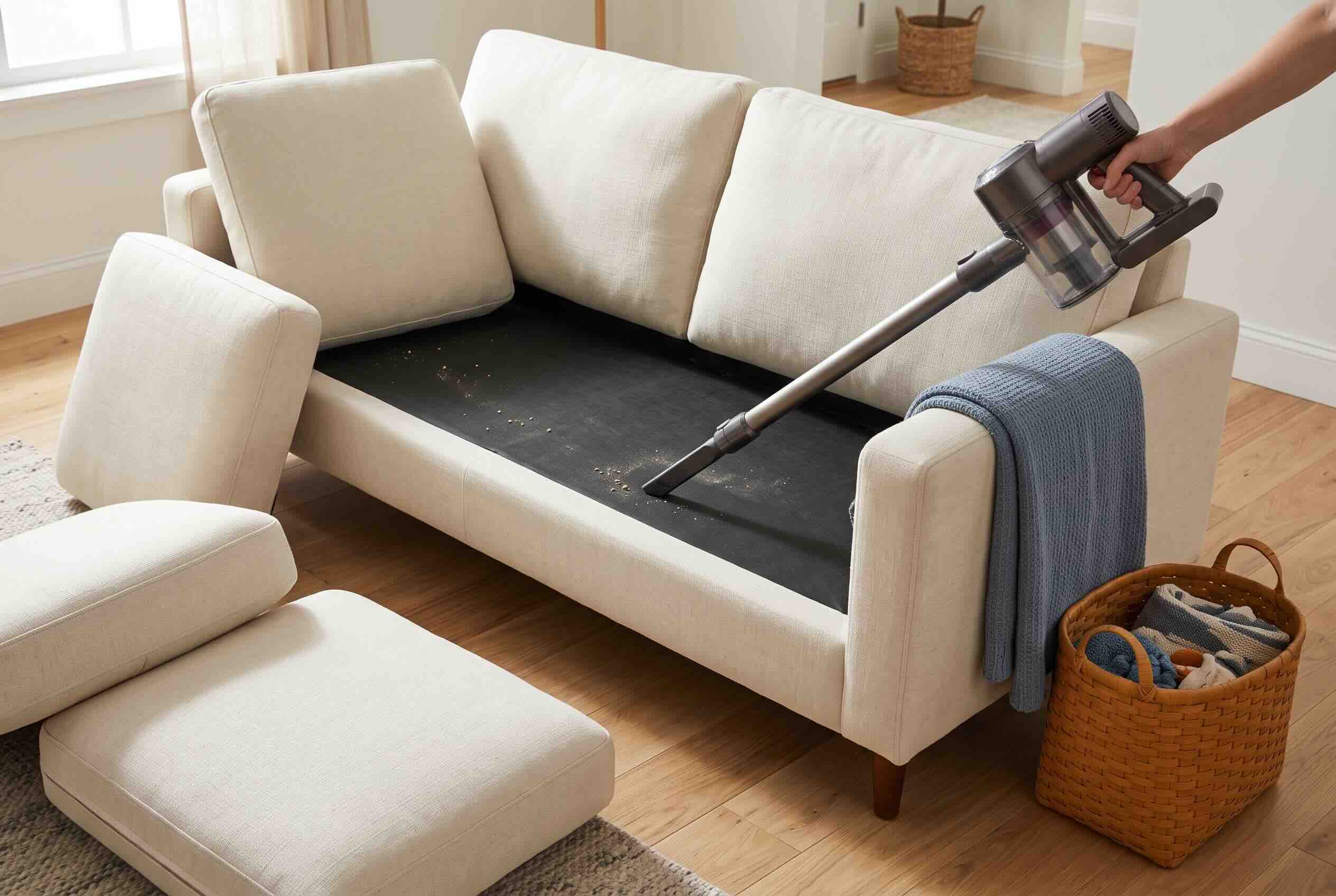 A cordless stick vacuum cleaning the dark fabric base of a beige sofa with the seat cushions removed.