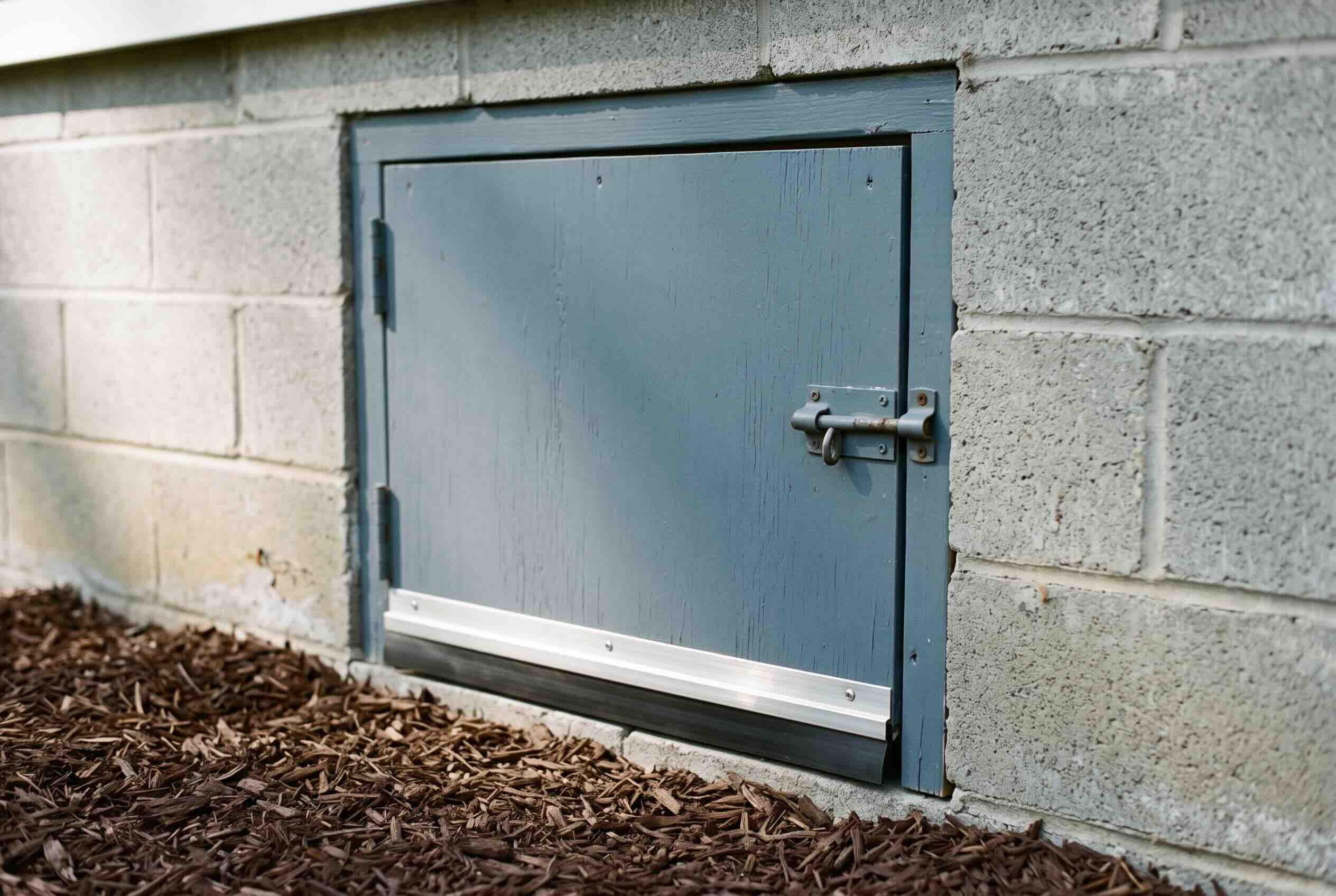 A crawl space access door with a metal-edged sweep installed at the bottom.