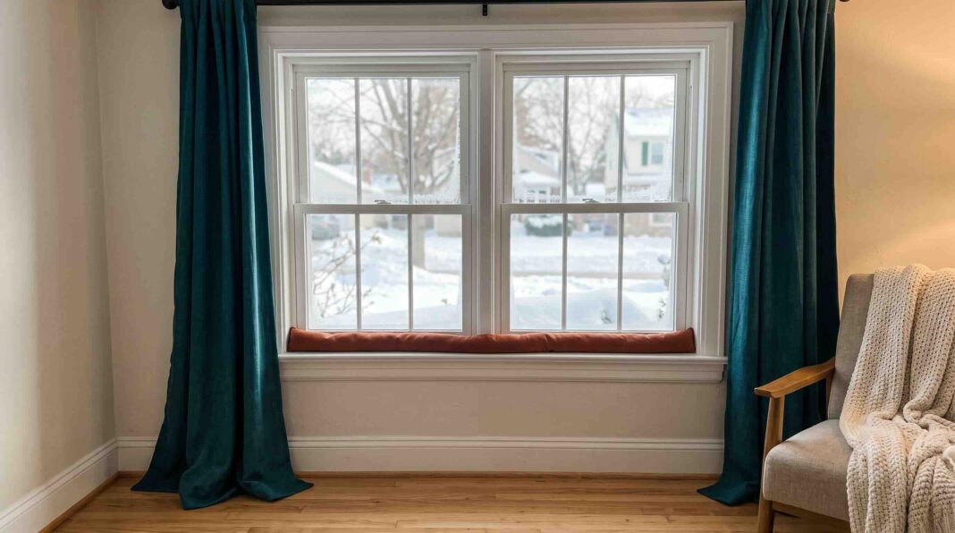 A fabric draft stopper resting along a window sill between two teal curtains.