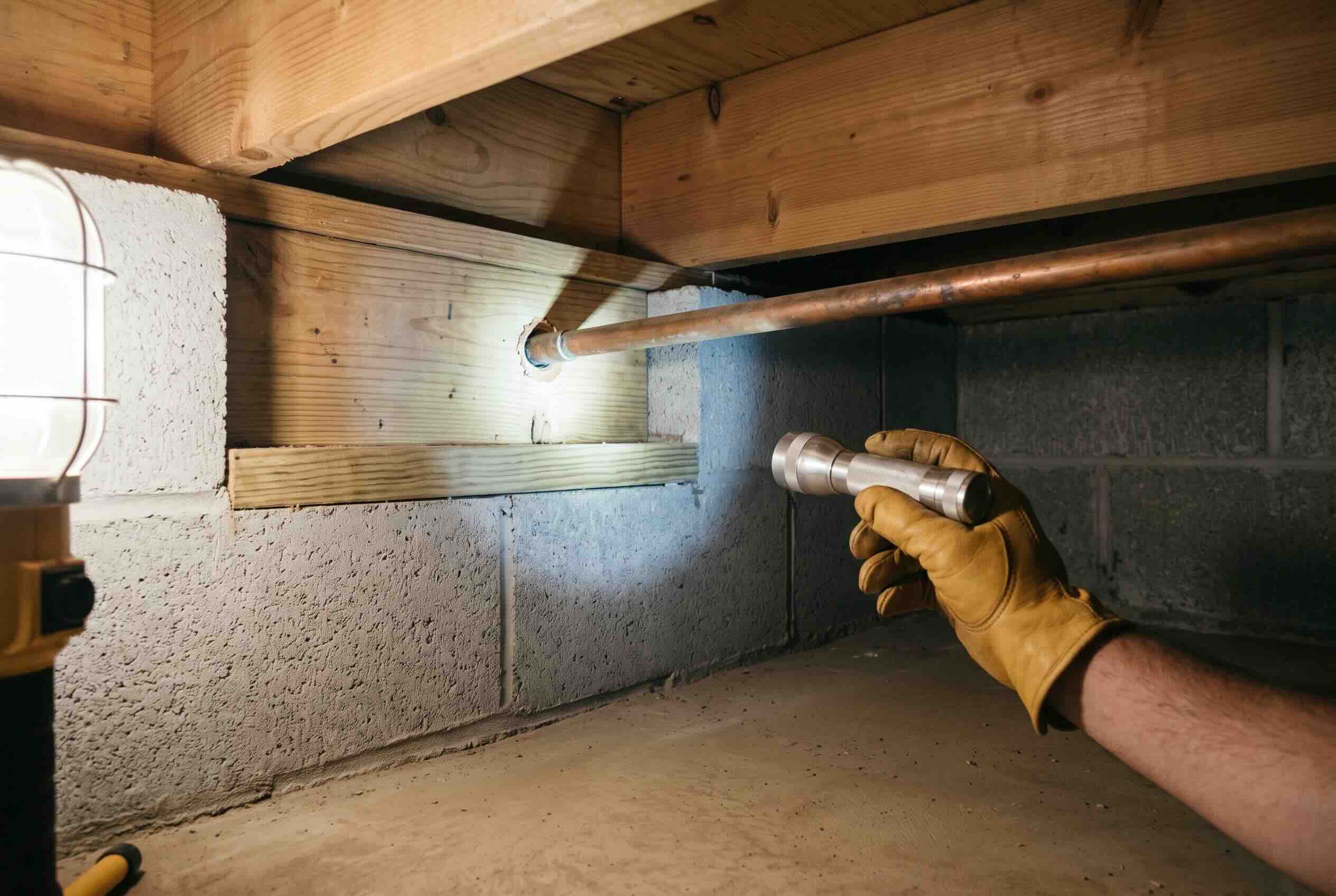 A flashlight beam illuminating a copper pipe running through a wooden joist in a crawl space.