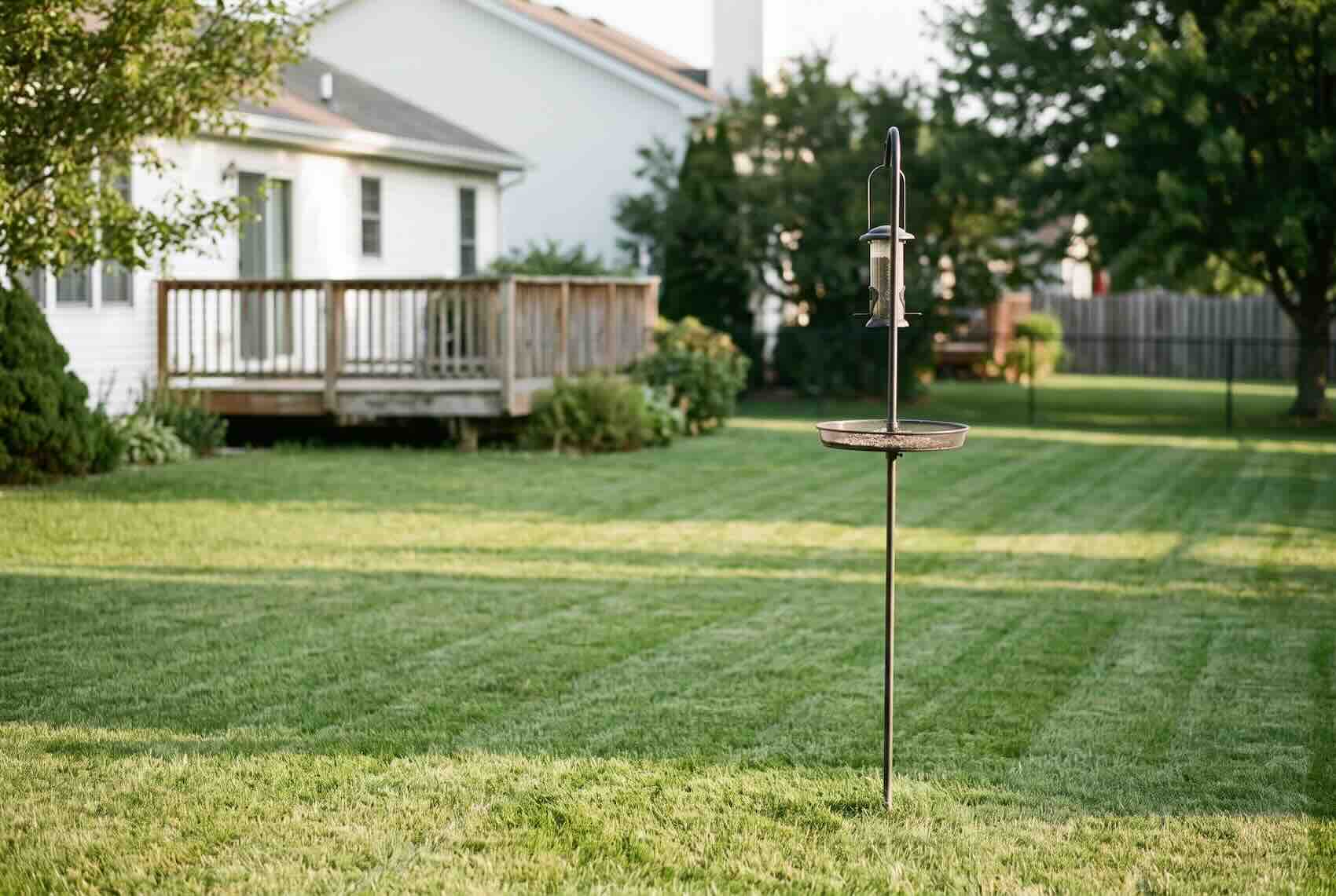A freestanding bird feeder in a grassy yard away from the house.