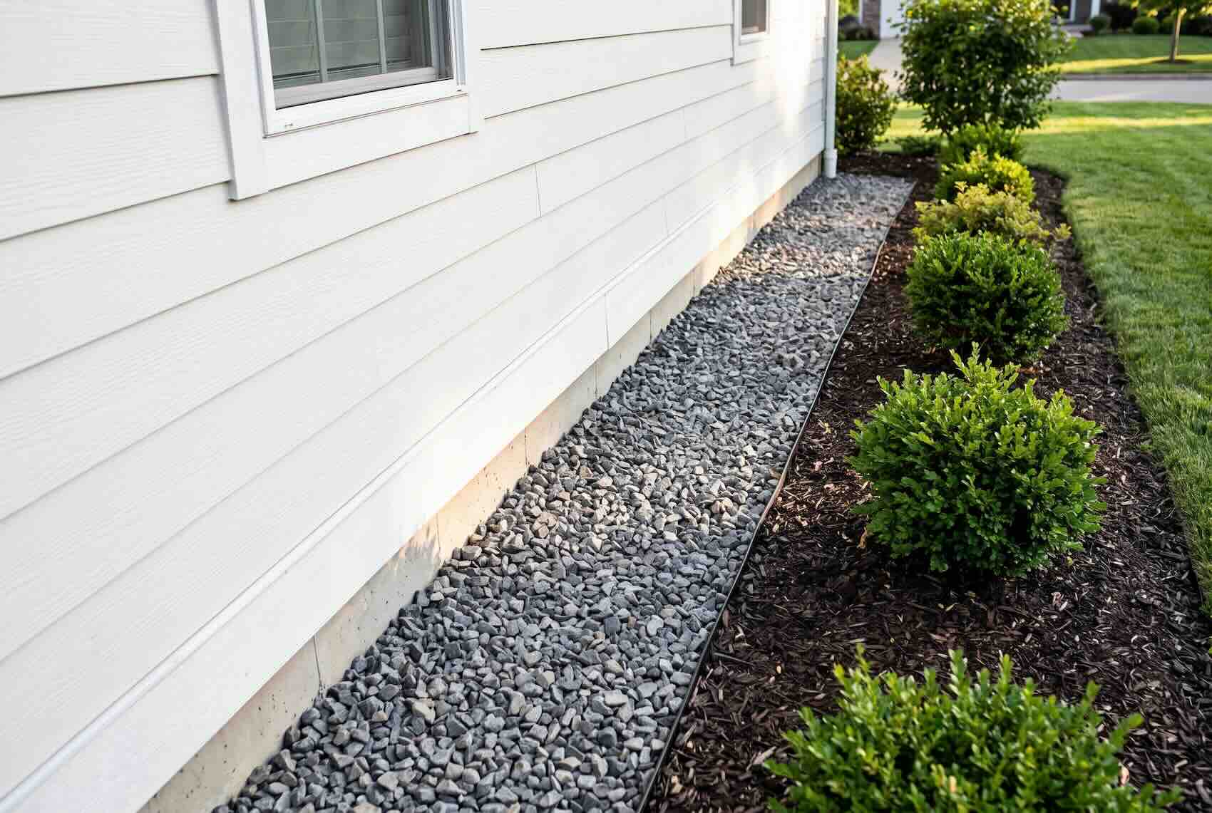 A gravel strip running along a white house foundation next to a garden bed.