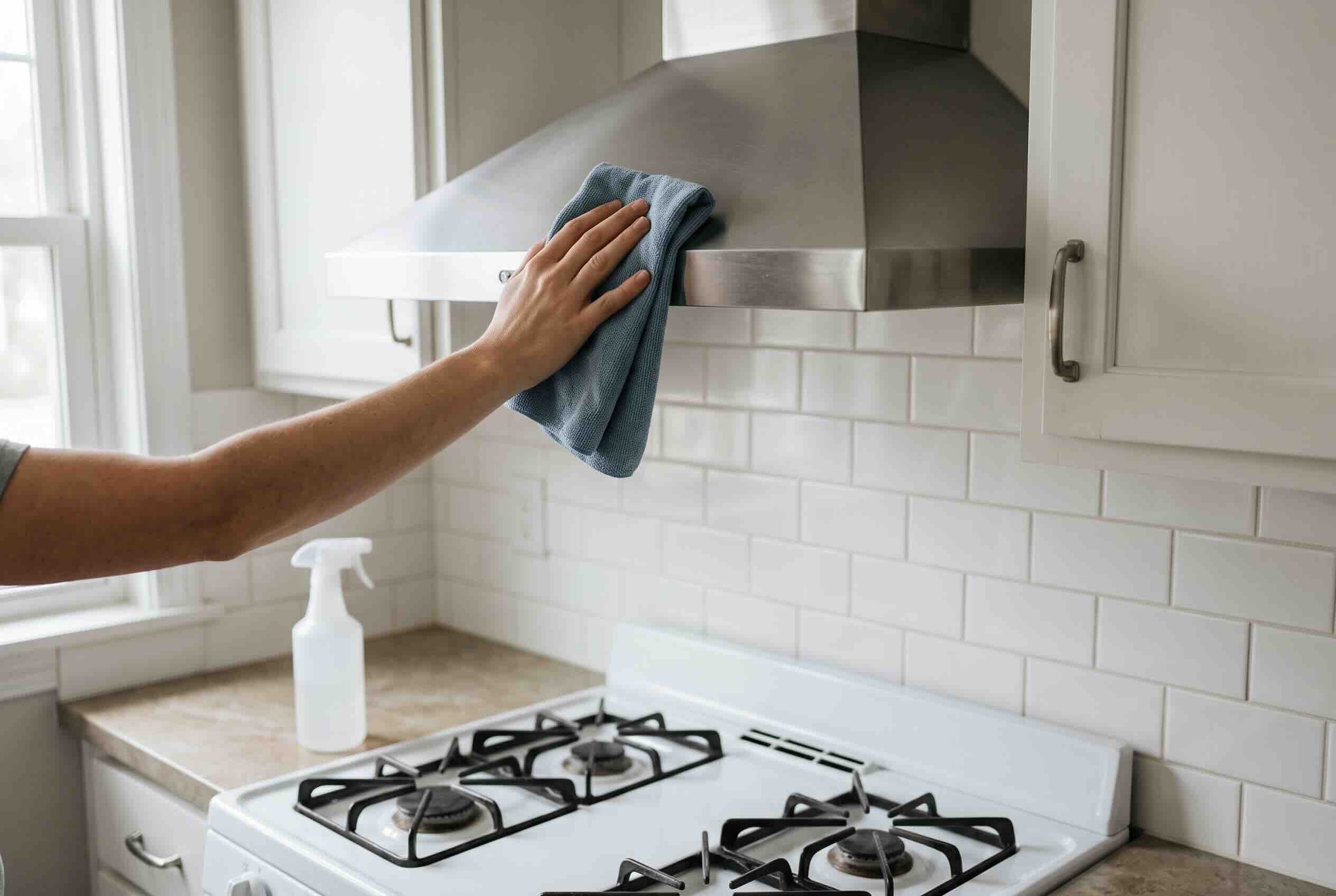 A microfiber cloth wiping the stainless steel surface of a kitchen range hood above a gas stove.