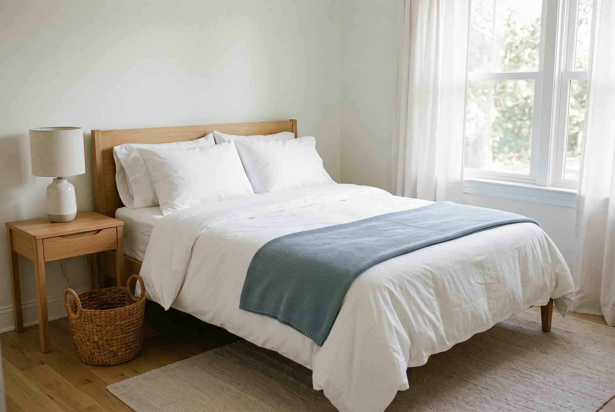 A neatly made bed with white linens and a blue throw blanket in a sunlit bedroom.