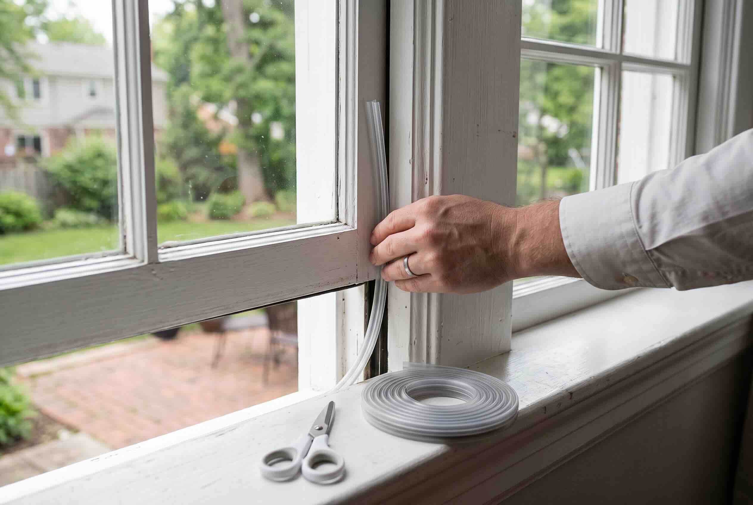 A strip of clear weatherstripping pressed along the gap of a window frame.