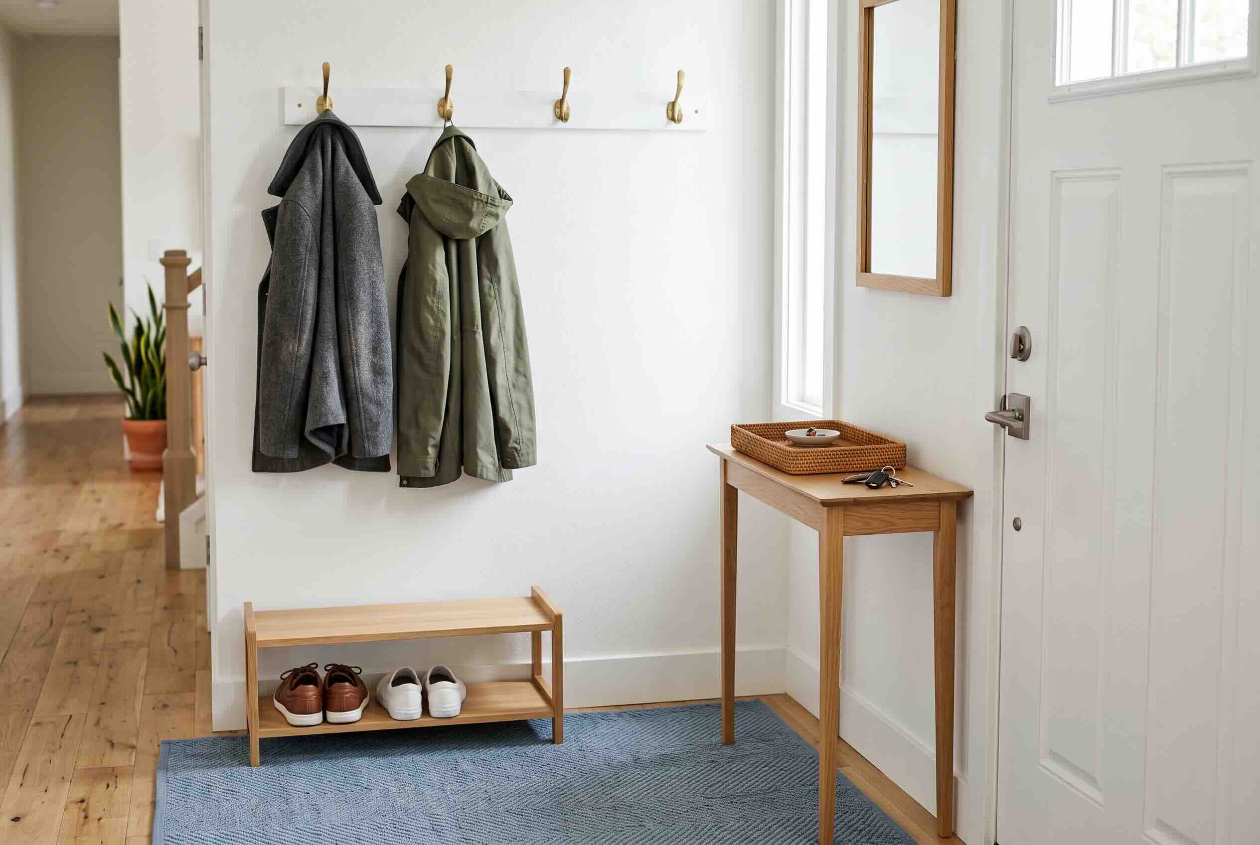 A tidy home entryway featuring a coat rack, a shoe bench, a blue rug, and a small console table.