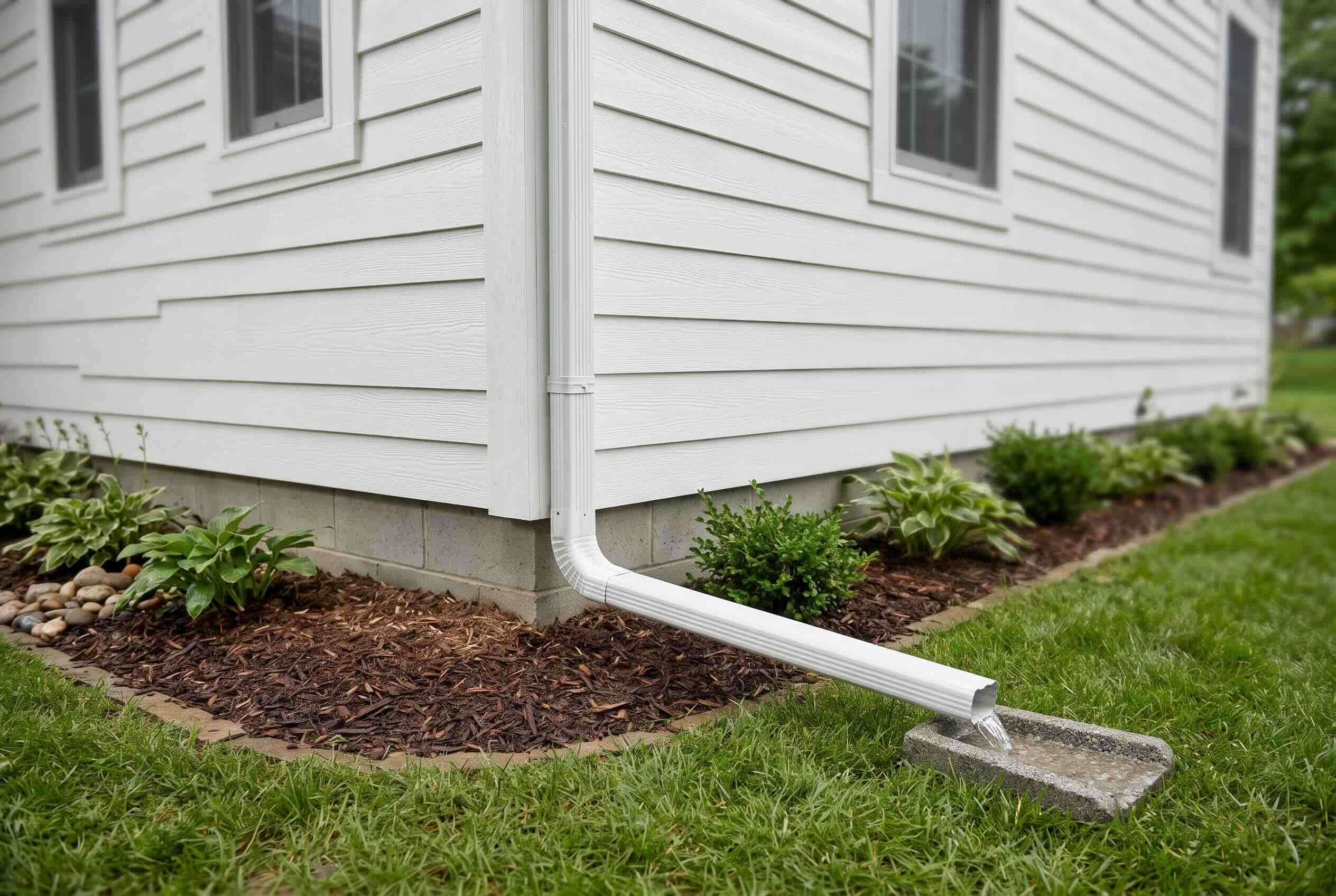 A white downspout directing water away from a house foundation onto a concrete splash block.