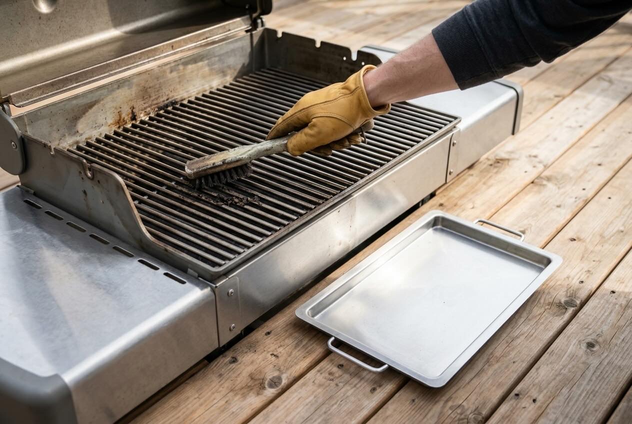 A wire brush cleaning a grill grate next to a metal drip pan.