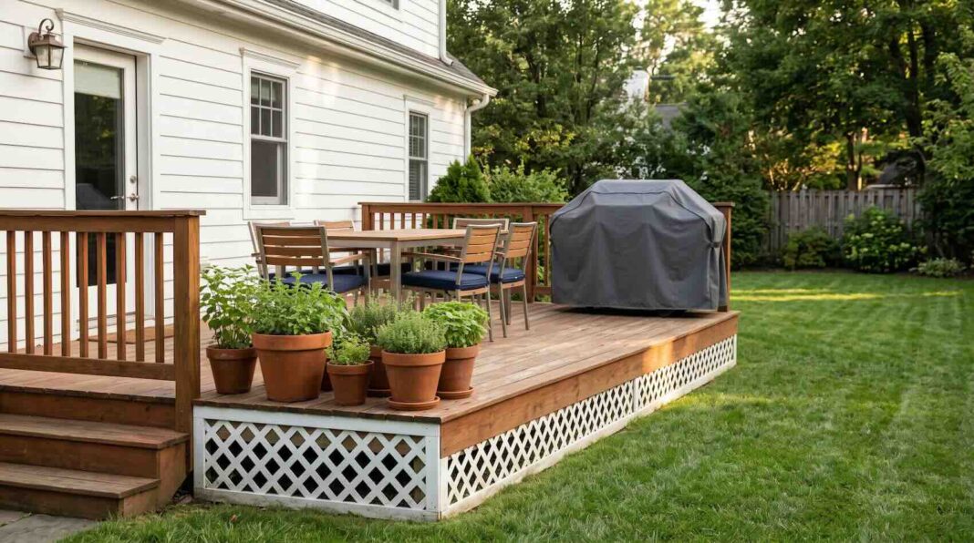 A wooden deck with a dining set and a covered grill in a backyard.