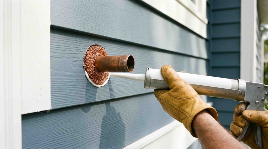 Applying white caulk from a caulking gun over copper mesh packed around a copper pipe.