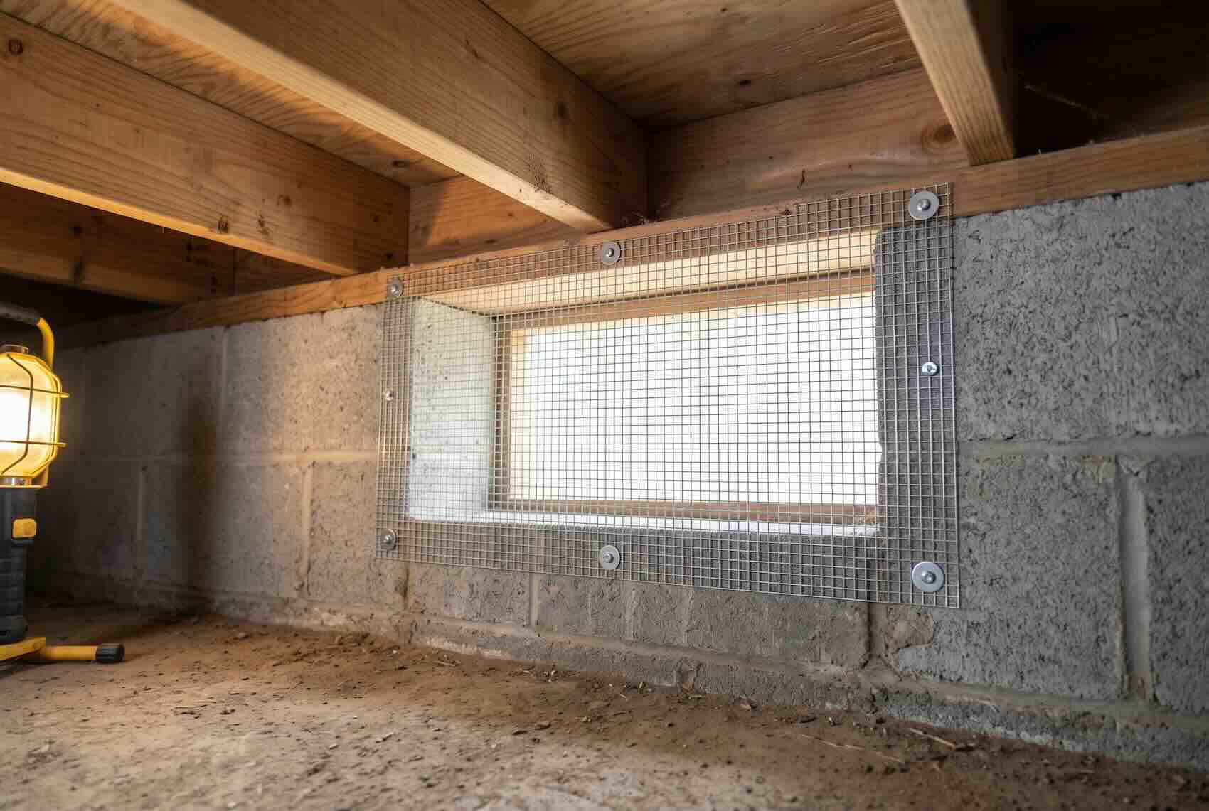 Galvanized hardware cloth screwed over a crawl space vent from the inside.