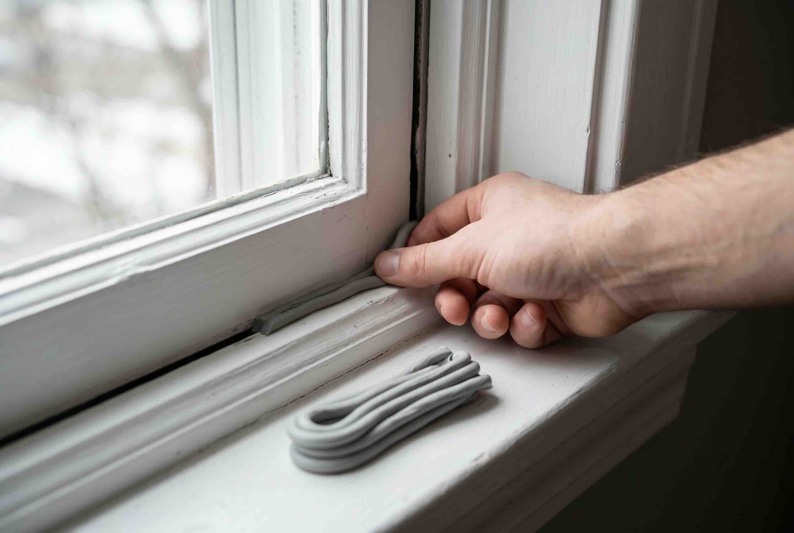 Grey rope caulk pressed firmly into the gap beneath a window sash.