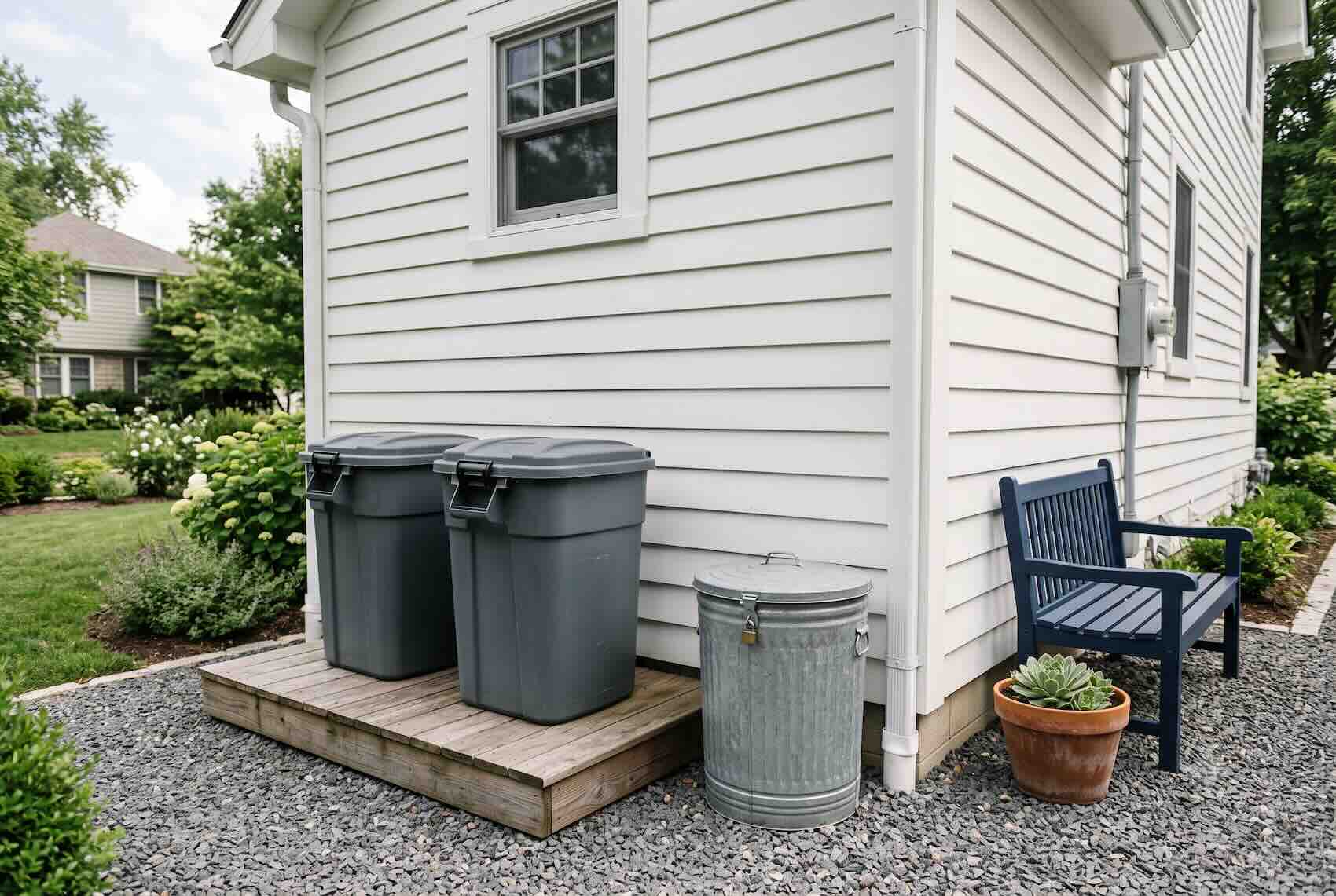 Grey trash bins with secure lids on an elevated wooden platform.