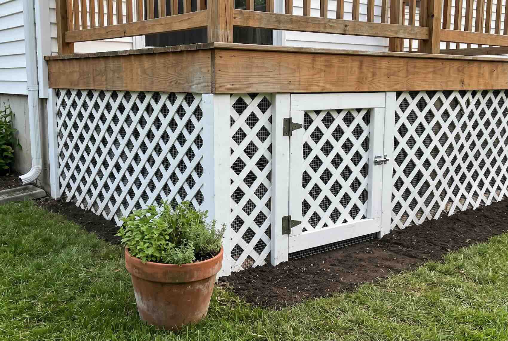 Hardware cloth installed behind white decorative lattice around a deck base.
