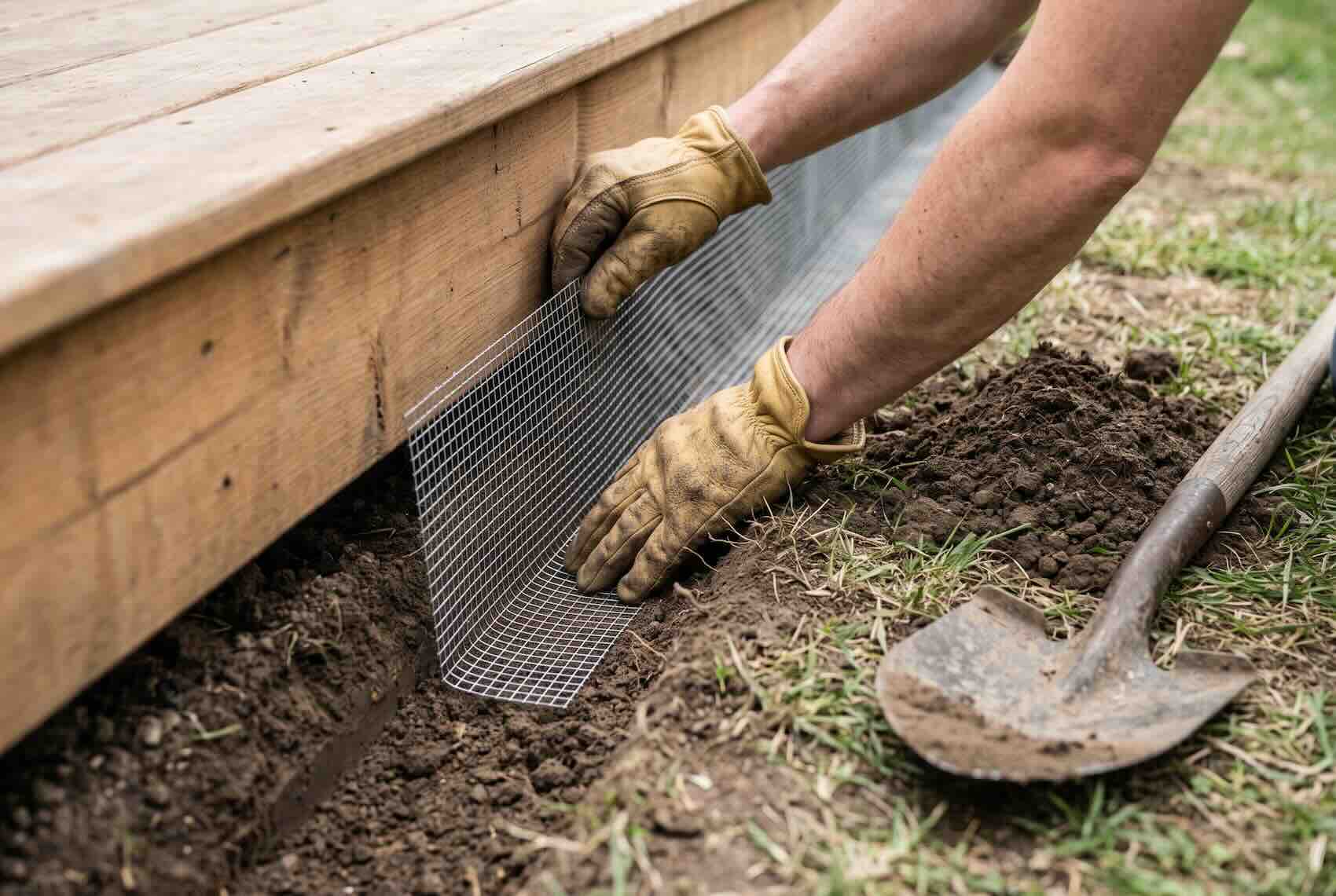 Hardware cloth secured into a trench along the base of a wooden deck.