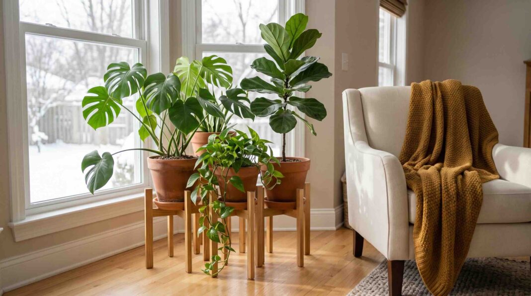 Monstera, pothos, and fiddle leaf fig plants sitting on wooden stands in a warm living room with a large window.