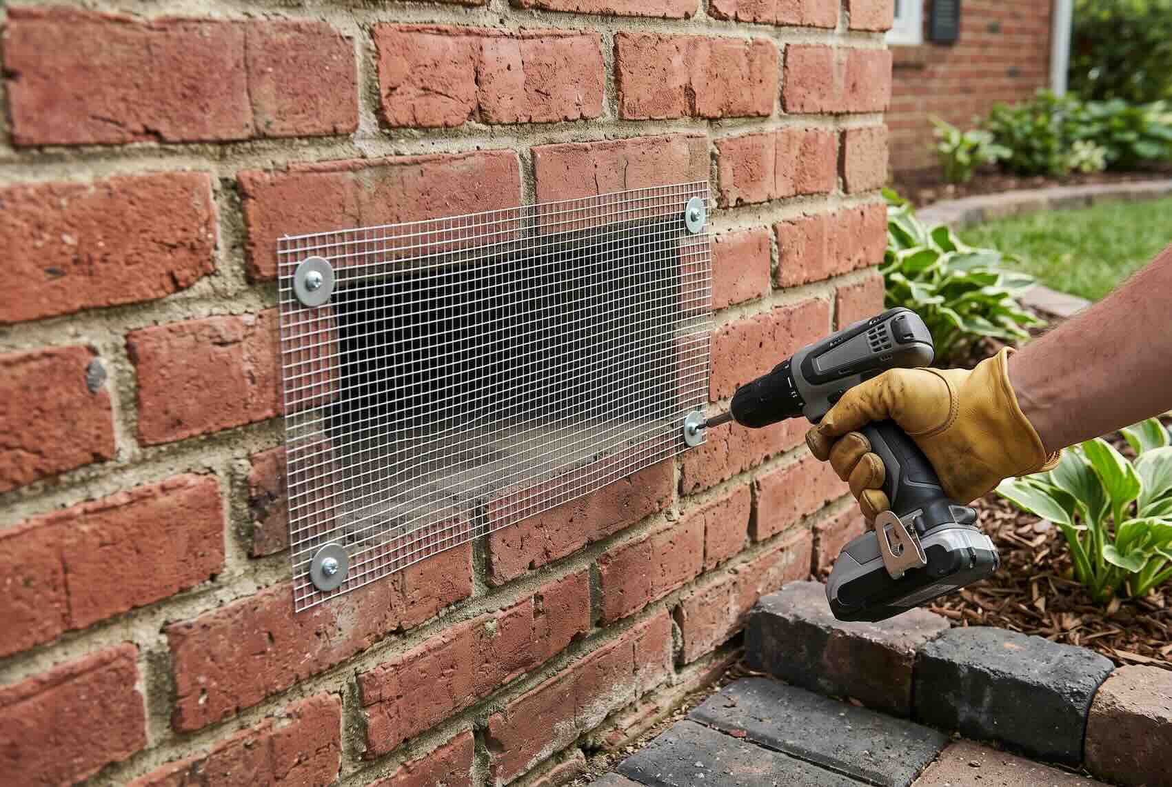 Operating a power drill to fasten a piece of hardware cloth over an open foundation vent in a red brick wall.