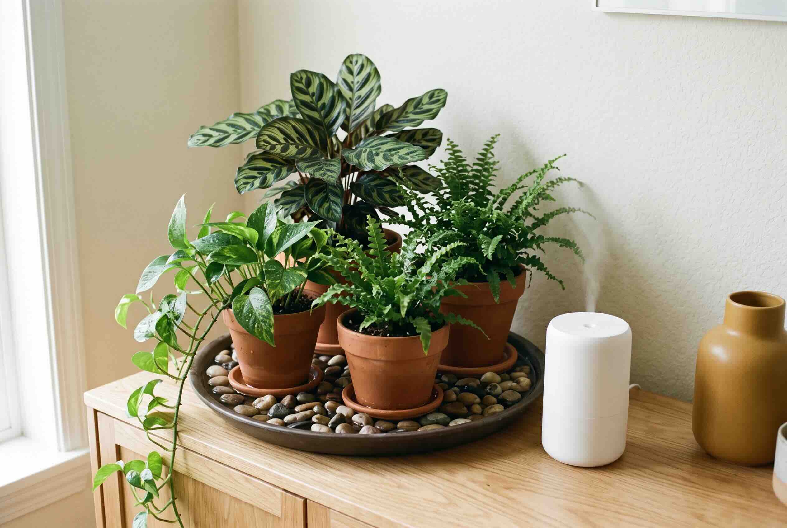 Potted ferns and a calathea sitting on a pebble tray with water, alongside a small white humidifier.