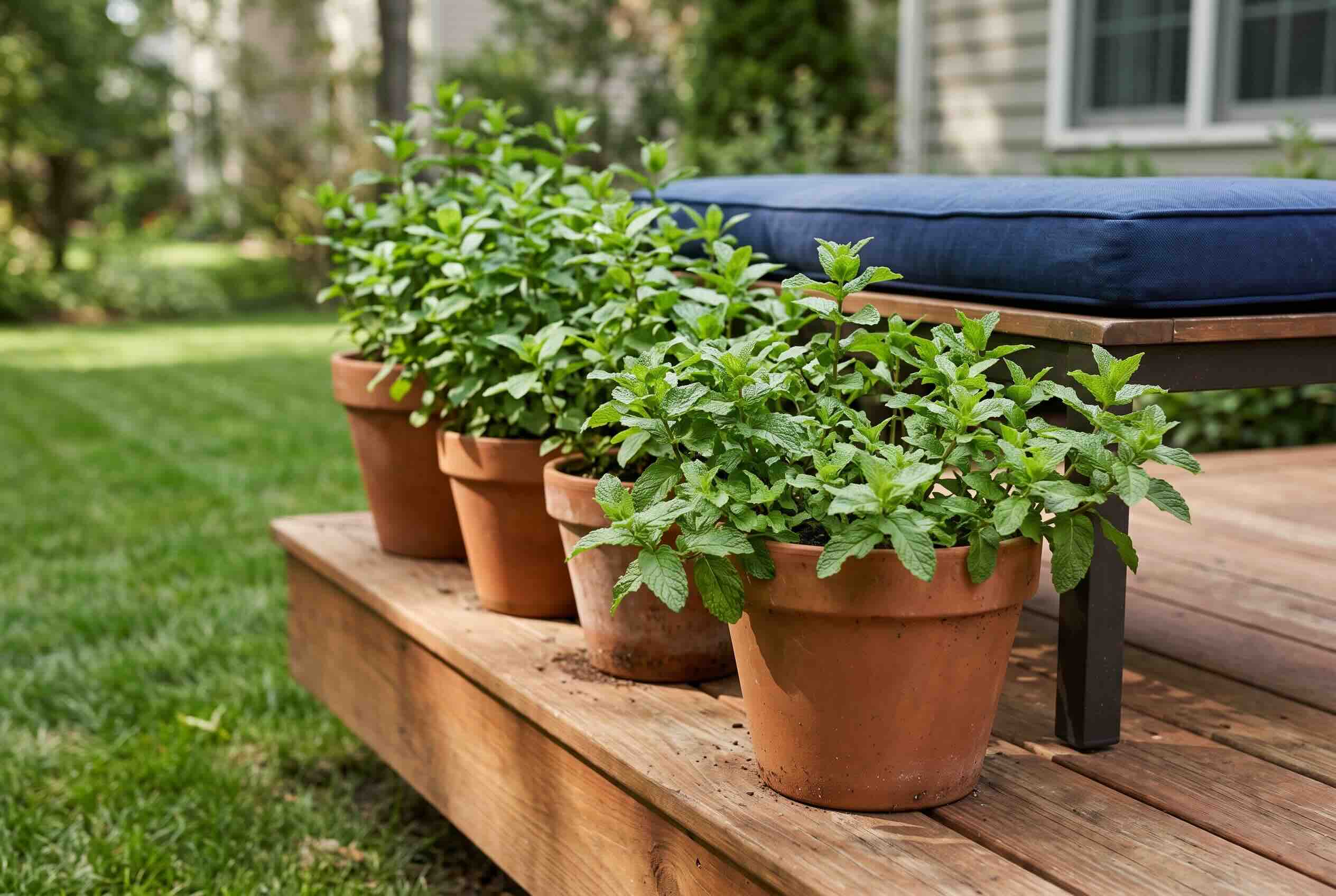 Potted peppermint plants lining the edge of a wooden deck.