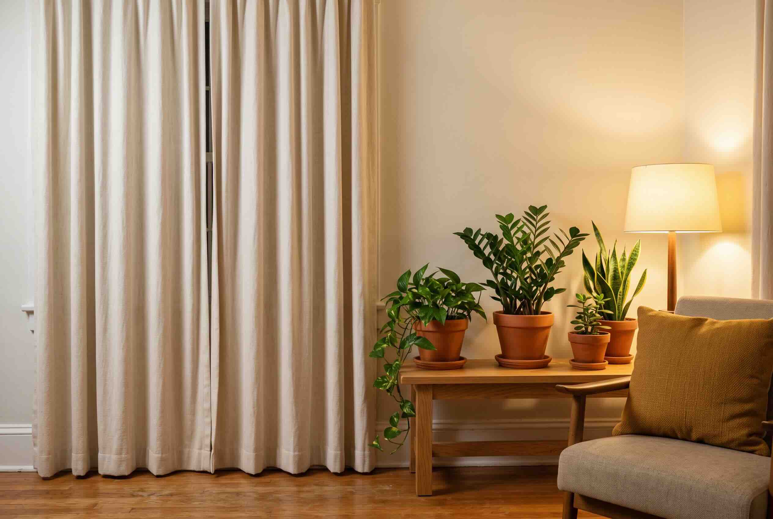 Potted snake plant and ZZ plant placed on a wooden table, safely distanced from a window covered by heavy curtains.