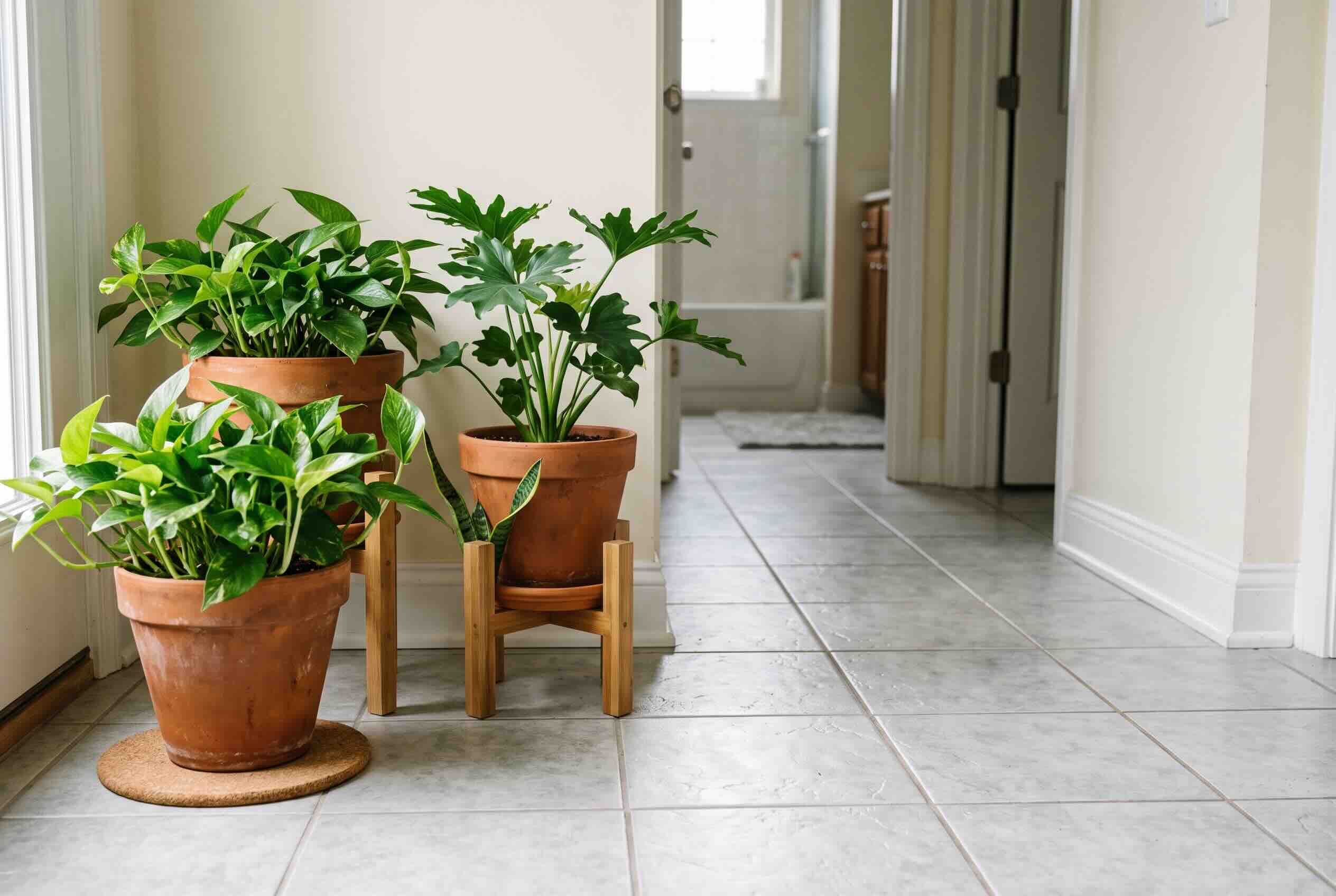 Potted tropical plants elevated on wooden plant stands and a cork mat, keeping them off a cold tile floor.