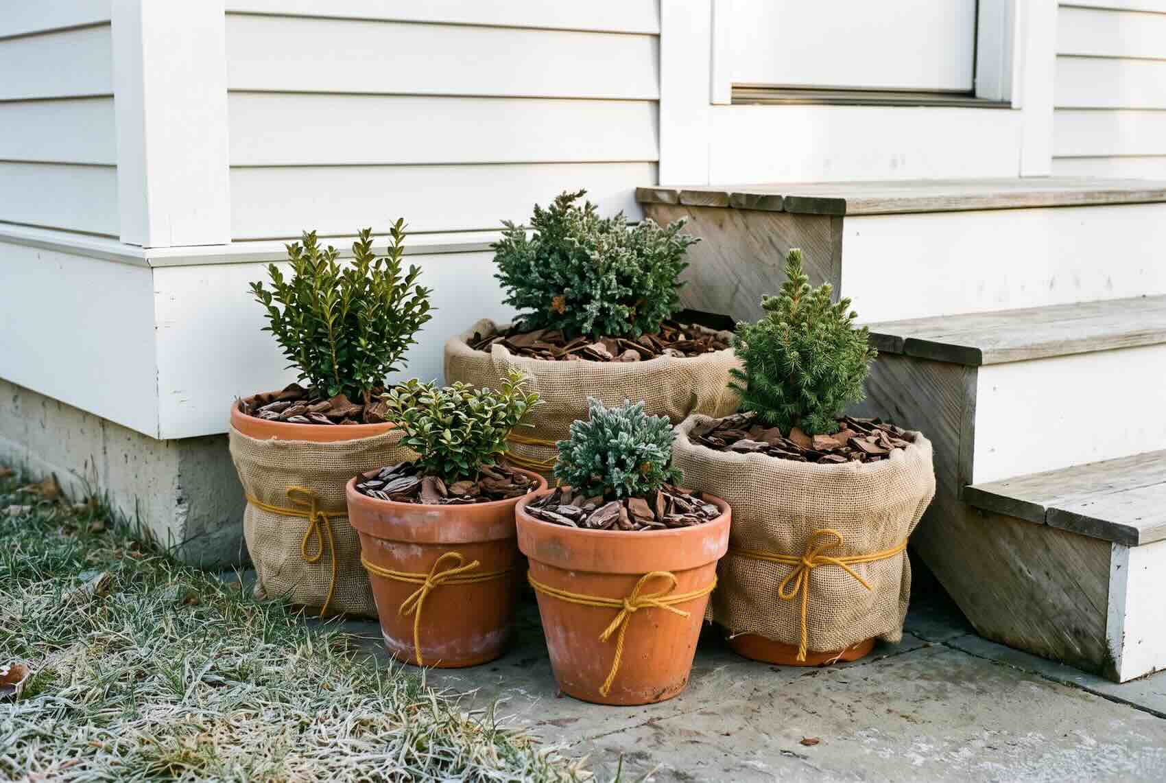 Small evergreen shrubs in terra cotta pots, wrapped in burlap and tied with twine, sitting on a porch.