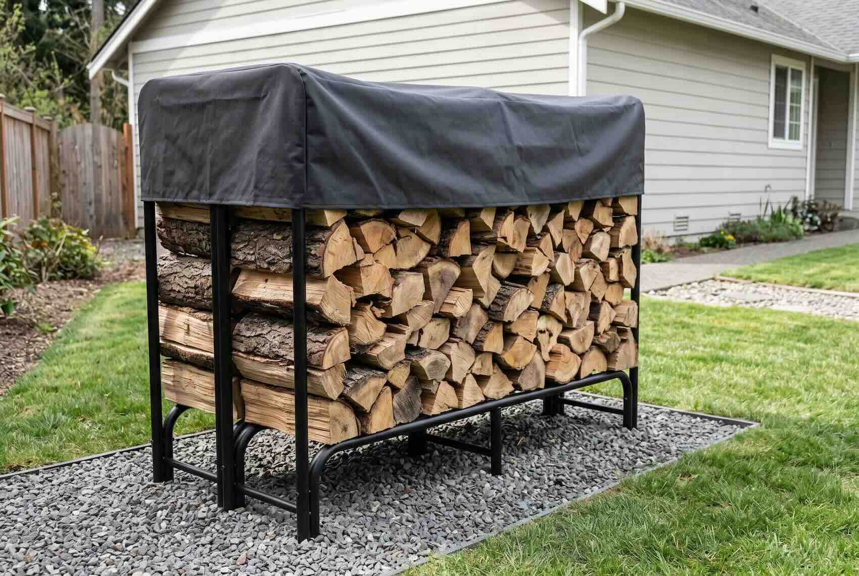 Stacked firewood on an elevated metal rack with a black cover.