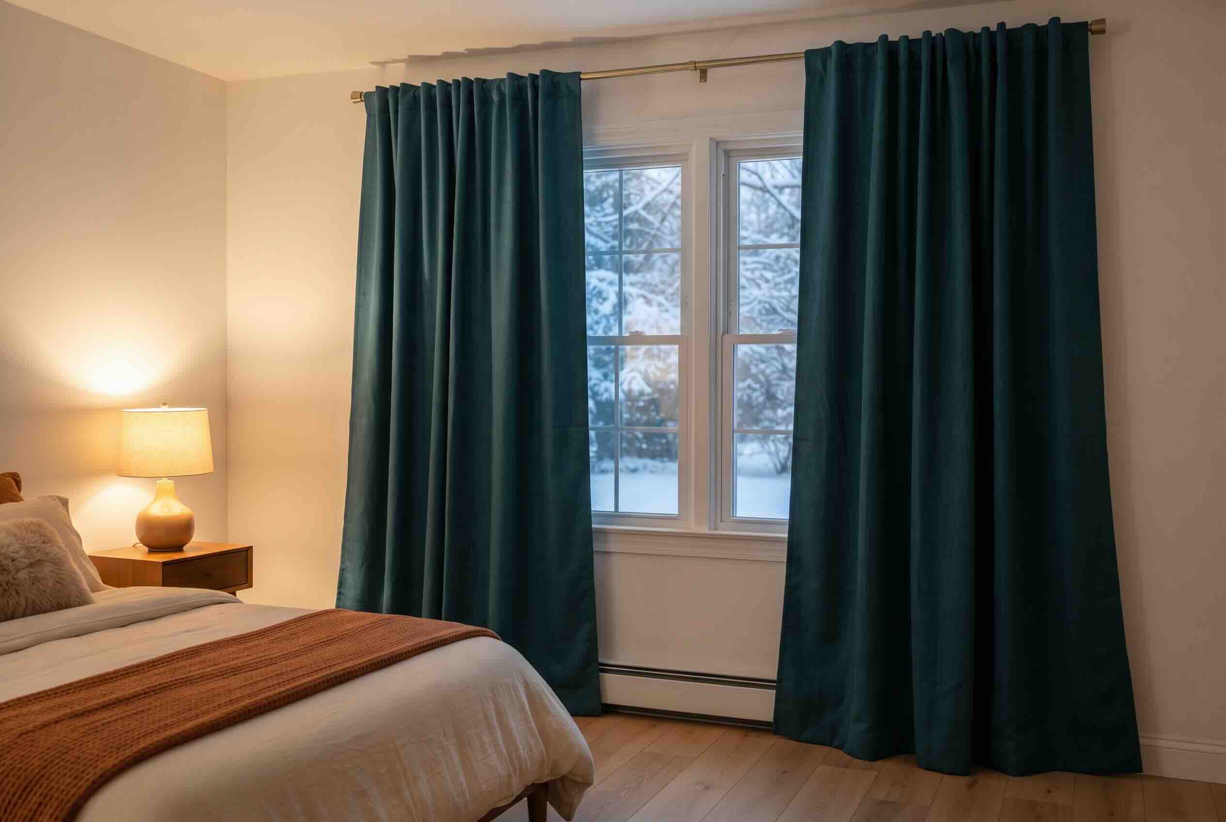 Teal thermal curtains hanging down to the floor next to a bed in a room.