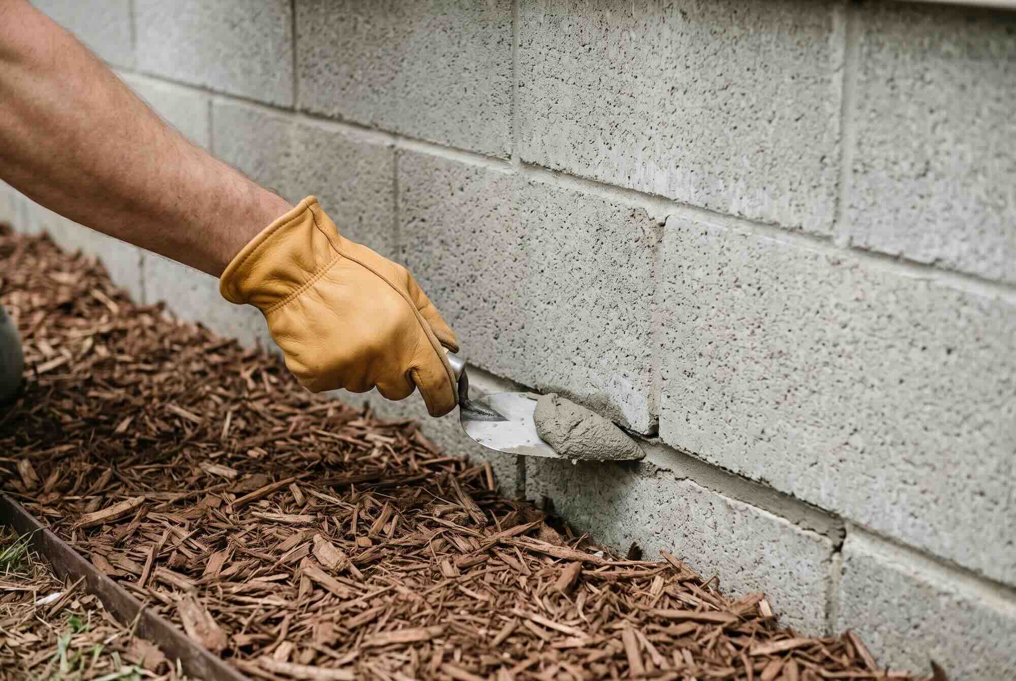 Using a trowel to apply grey mortar into a wide gap near the base of a concrete block foundation wall.